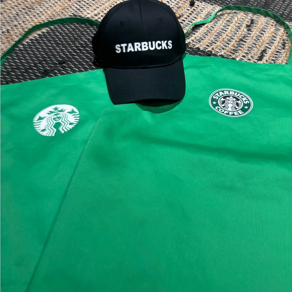 Starbucks Branded Green Apron and Black Hat